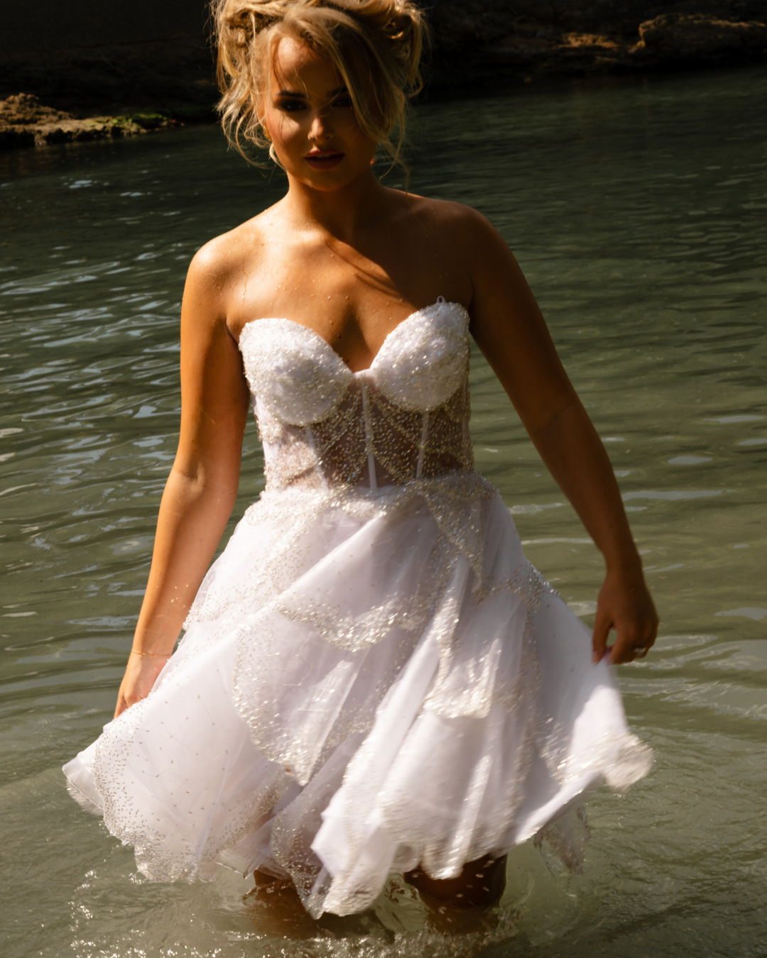 APHRODITE LIMITED EDITION - IVORY Shimmer Petal Bridal Mini Dress In Stock & Ready To Ship