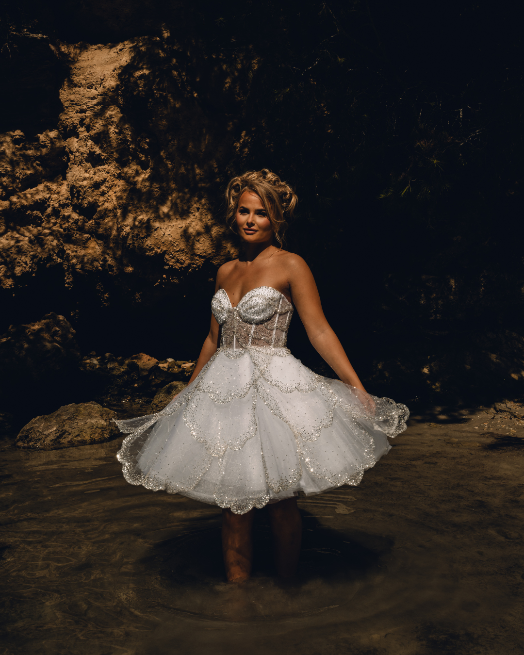 APHRODITE LIMITED EDITION - IVORY Shimmer Petal Bridal Mini Dress In Stock & Ready To Ship